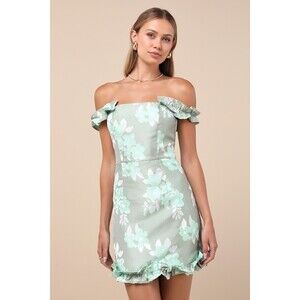 Lulus Pop The Bottle Sage Green Floral Jacquard Ruffled Mini Dress - Size M